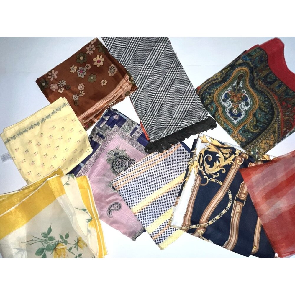 Vintage Mixed Lot 9 Pieces Scarves Various Sizes Material 1970's & 80s